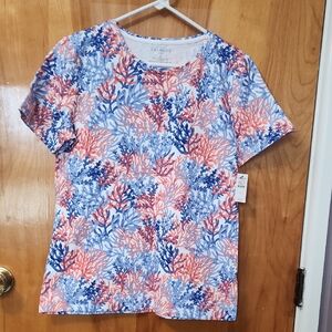 NWT Talbots Coral and Blue Seaweed Print Top